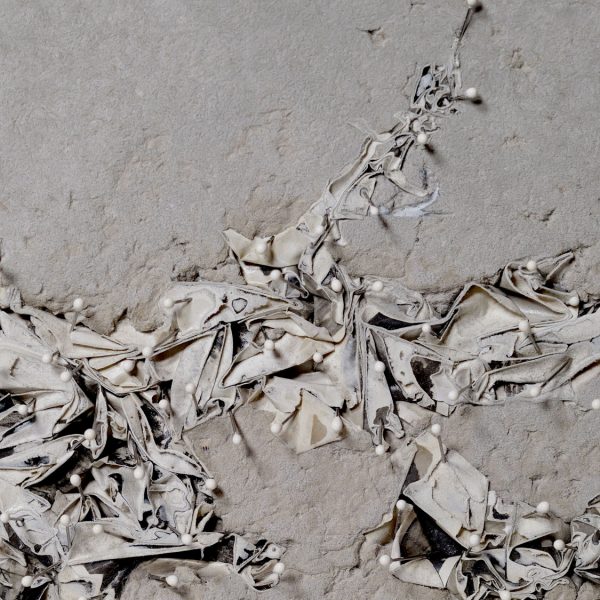 Florence Pinson-Ynden, TAPHONOMIE FAMILIALE (22.62.6 ) – Détail, 2023, pulpe de papier recyclé, archives personnelles, épingles - moulage & ponçage, 22 x 62 x 6 cm.